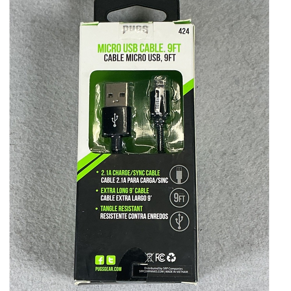 Pugs Micro USB Cable 9ft Black Extra Long Charging Sync Cable New
